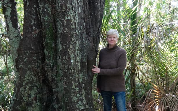 Heather Jean Bryham with one of the larger kahikatea trees on the family property.