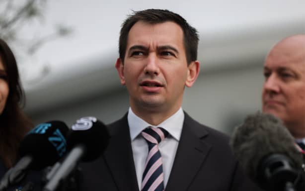 Education Minister Erica Stanford, Energy Minister Simeon Brown and Prime Minister Christopher Luxon make an announcement about solar panels in schools on 3 June 2026 in Christchurch.