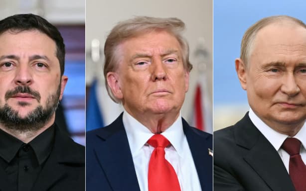 (COMBO) This combination of pictures created on August 18, 2025 shows US President Donald Trump and Ukrainian President Volodymyr Zelensky in Washington, DC, on August 18, 2025 and Russian President Vladimir Putin in Anchorage, Alaska, on August 15, 2025. US President Donald Trump said August 18 he had started arranging a two-way peace meeting between Ukraine's Volodymyr Zelensky and Russia's Vladimir Putin -- to be followed by three-way talks involving himself.
"At the conclusion of the meetings, I called President Putin, and began the arrangements for a meeting, at a location to be determined, between President Putin and President Zelensky," Trump said after hosting Zelensky and European leaders at the White House.
"After that meeting takes place, we will have a Trilat, which would be the two Presidents, plus myself."