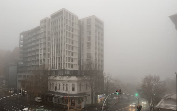 Heavy fog blankets Auckland on the morning of 10 June, 2025.