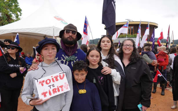 Musician Troy Kingi and his family at the Kawakawa hīkoi "activation", on 11 November, 2024.