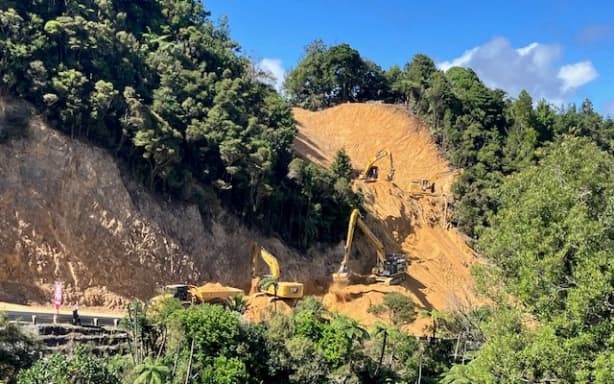 Excavators at work near Waterfall Corner as part of a major roading project on the SH1 Brynderwyn Hills road.