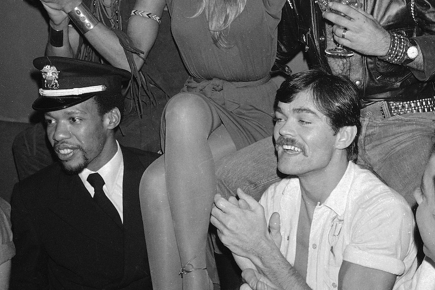 The disco group the Village People following a performance at Madison Square Garden.