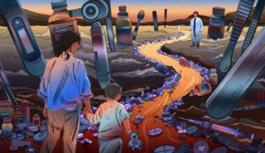 A cartoon of a woman holding the hand of her child as they walk down a path hedged by overlarge medical supplies. A doctor stands at the end of the path in a white coat.