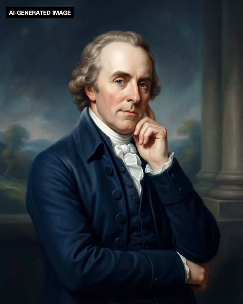 The AI-generated image of Dr. Benjamin Rush gives him flowing locks of curly hair and a LinkedIn-ready standing pose.