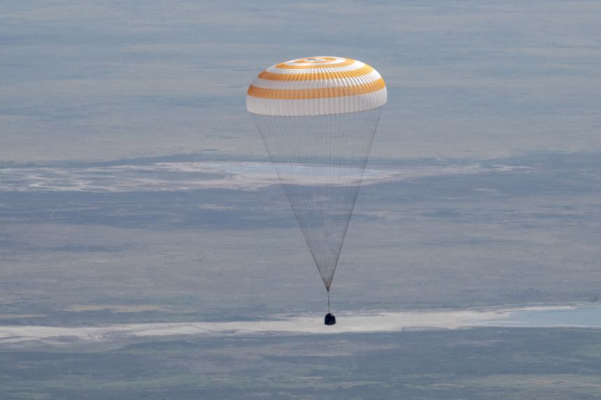 The Soyuz MS-28 spacecraft lands near Zhezkazgan, Kazakhstan on Sunday.