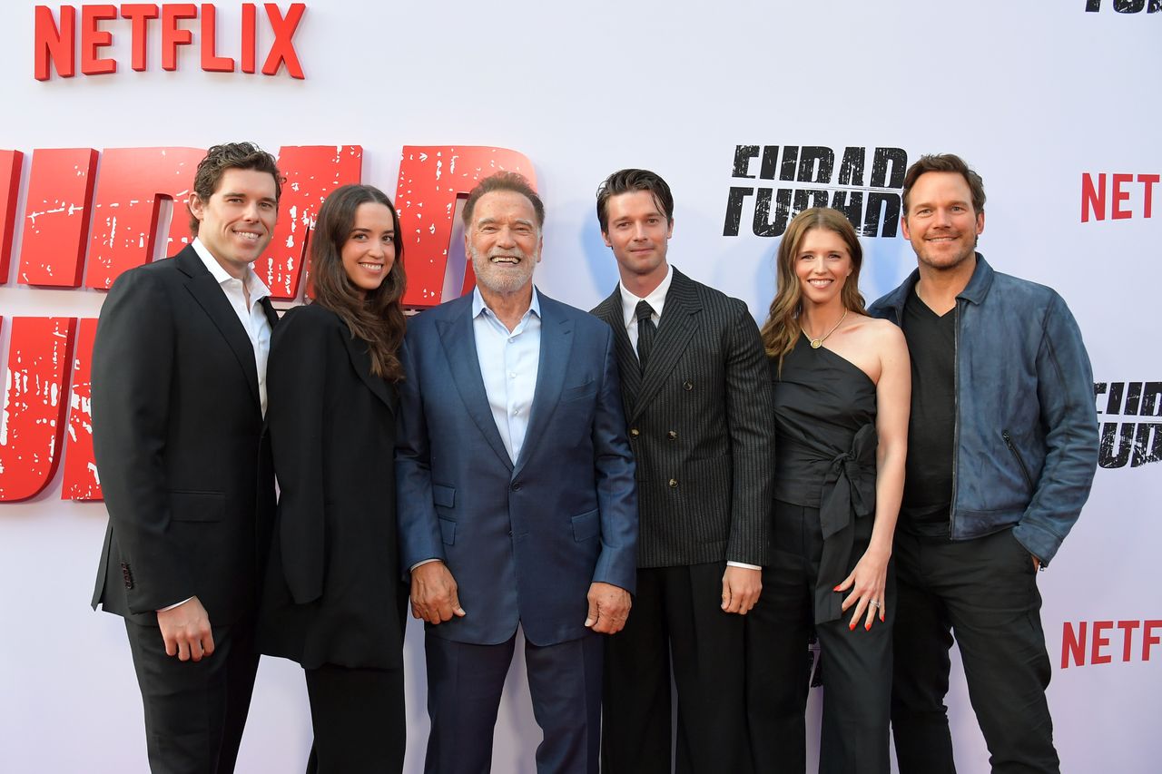Christopher Schwarzenegger, Christina Schwarzenegger, Arnold Schwarzenegger, Patrick Schwarzenegger, Katherine Schwarzenegger, and Chris Pratt attend the premiere of “Fubar” Season 2 in Los Angeles on June 11, 2025.Credit: Getty Images