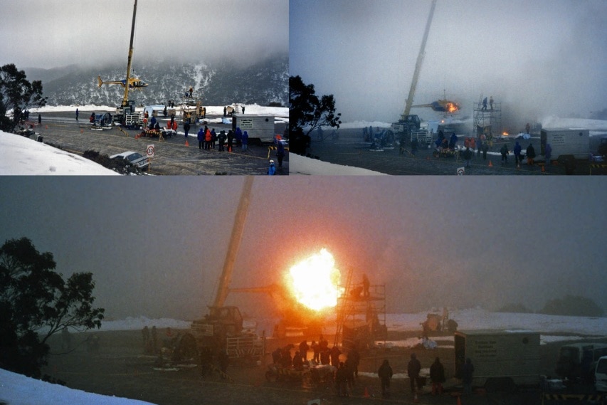 Three photographs merged showing a helicopter dangling from a crane and exploading.