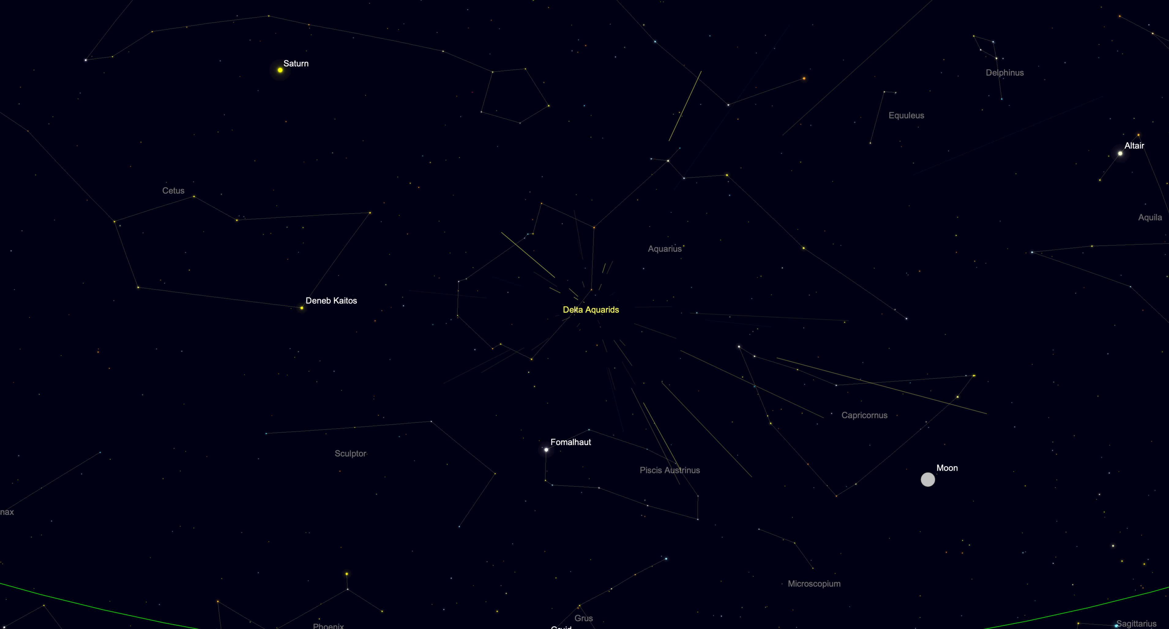 Star chart showing the Southern Delta Aquariid meteor shower radiant in Aquarius with the full Buck Moon nearby.
