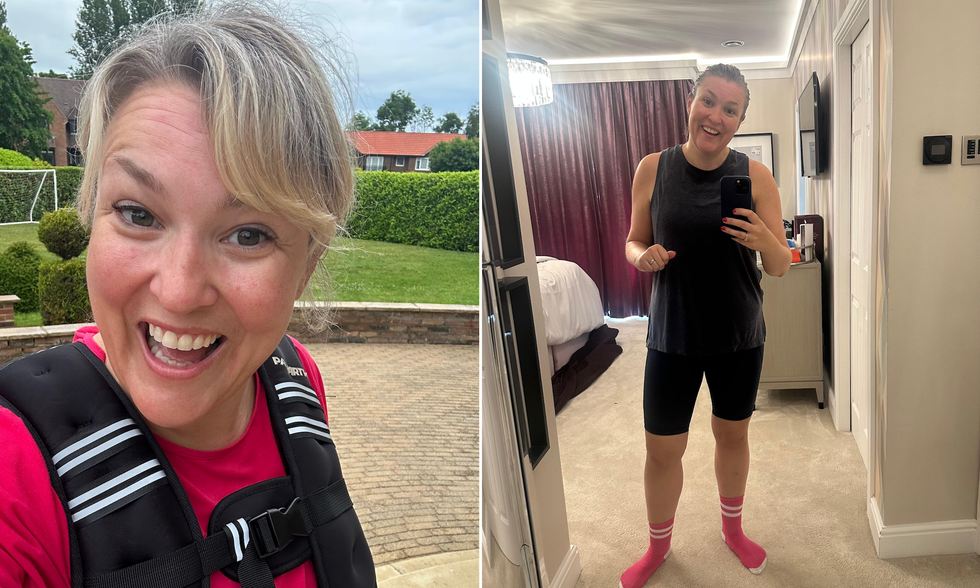sara davies fitness routine: sara smiling in a weighted vest (l) and smiling in the mirror in fitness kit (r)