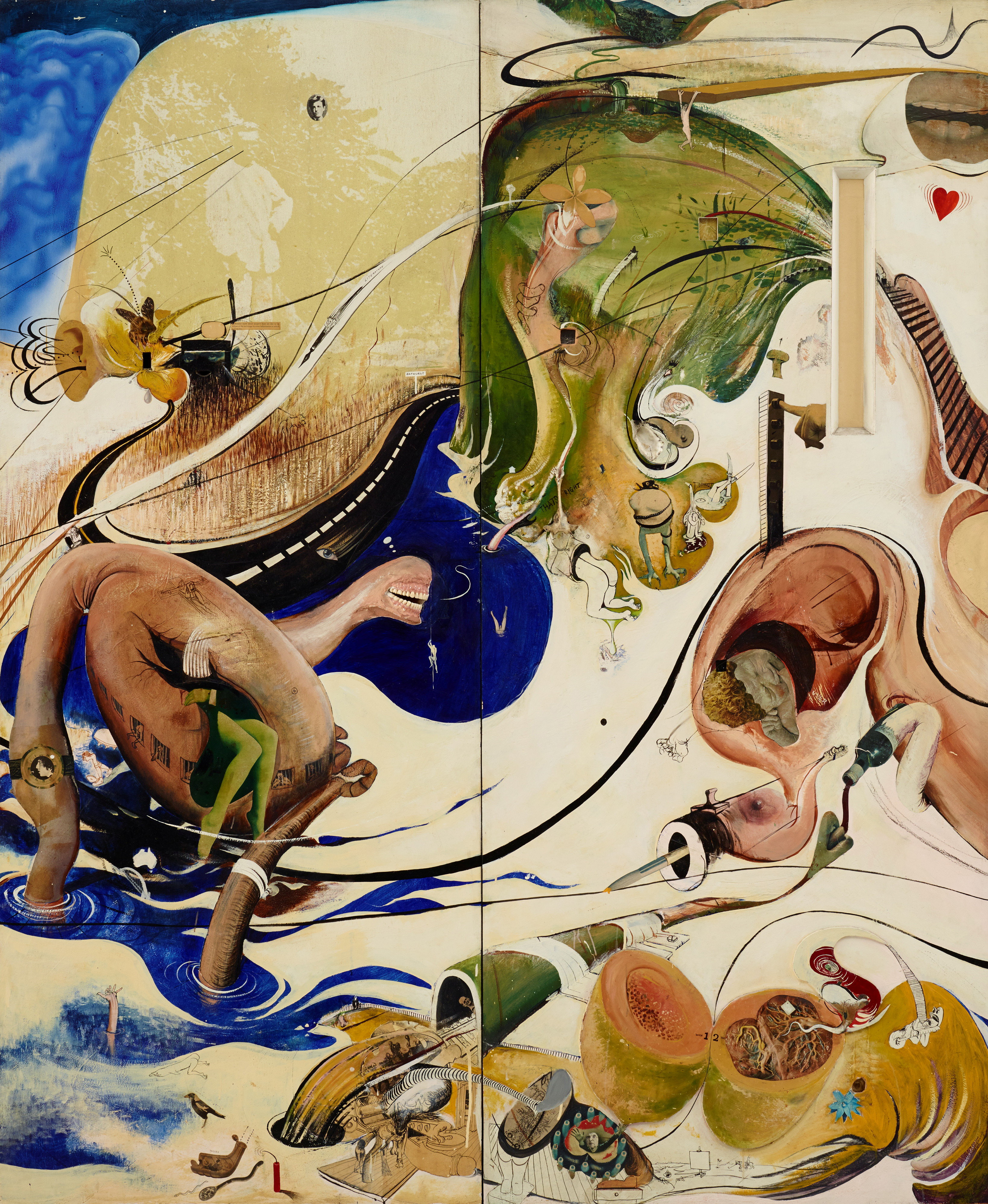 A panel of Brett Whiteley's Alchemy that includes surreal imagery, including a human era, a woman's legs and a cut rockmelon.