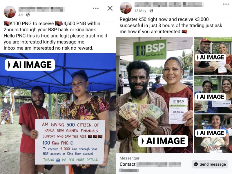 A composite image showing Facebook posts with AI-generated images.