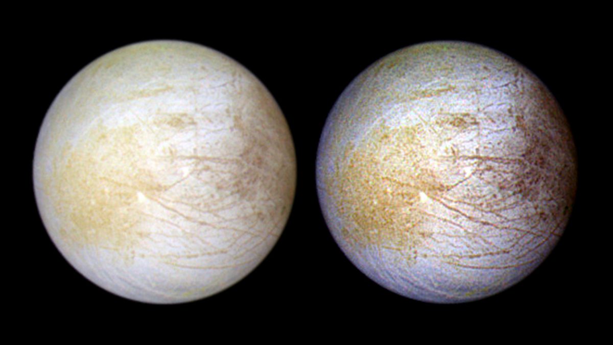 Two views of moon Europa captured by NASA