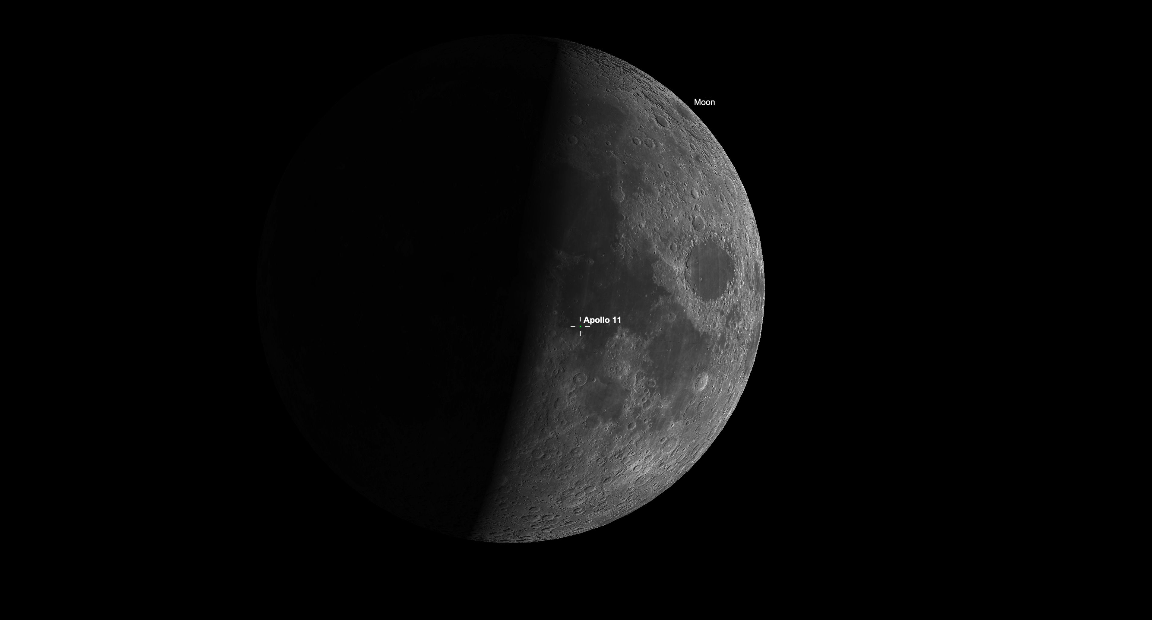 Close-up map of the first quarter moon showing the Apollo 11 landing site in the Sea of Tranquility.