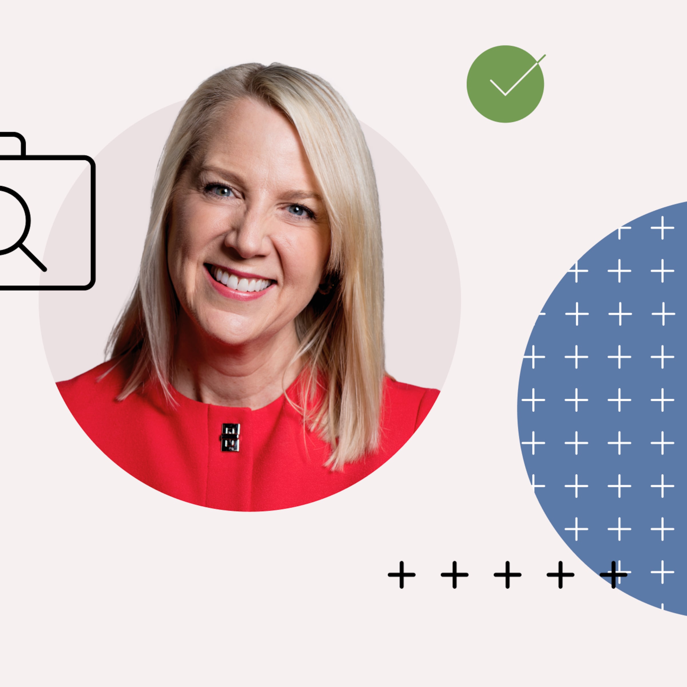 Photo collage illustration of Christine Benz with icons and shapes
