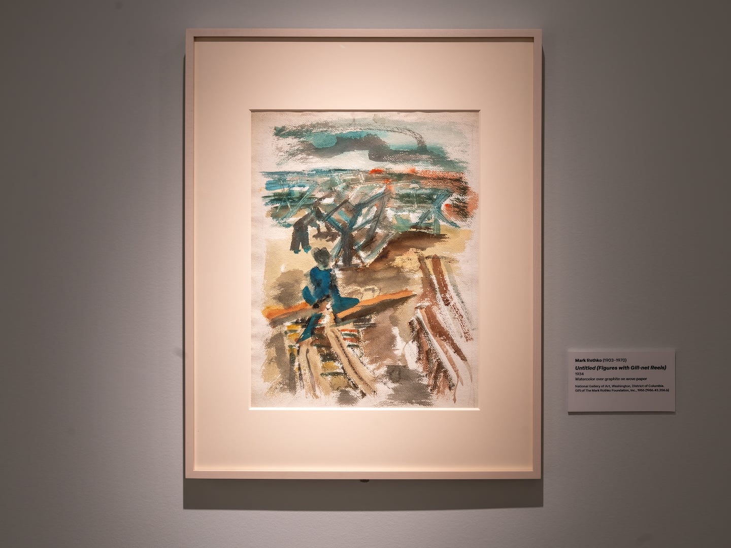 Mark Rothko, "Untitled (Figures with Gill Net Reels)," 1934. Installation view, "Avery, Gottlieb & Rothko: By the Sea," at the Cape Ann Museum.
