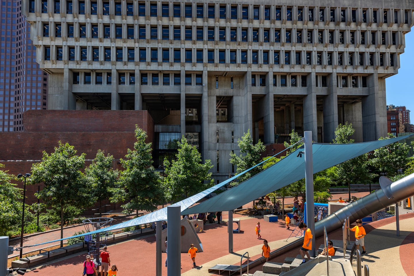 Brady and the Patriots addressed the City Plaza crowds from the top of the brick wall, left of center. The addition of trees and the playscape has now made holding big rallies here impossible.