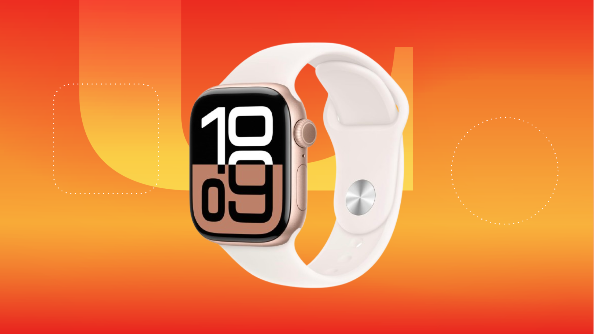 Apple Watch with blush rubber band against orange gradient.