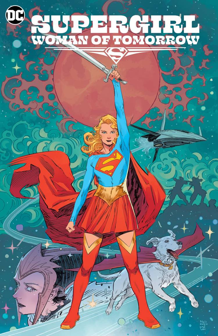 Supergirl stands with sword raised on against a background of space imagery on the cover of Supergirl: Woman of Tomorrow.