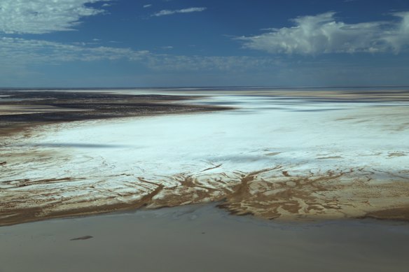 May, 2026: A rare sight … floodwaters arrive at Kati Thanda-Lake Eyre.