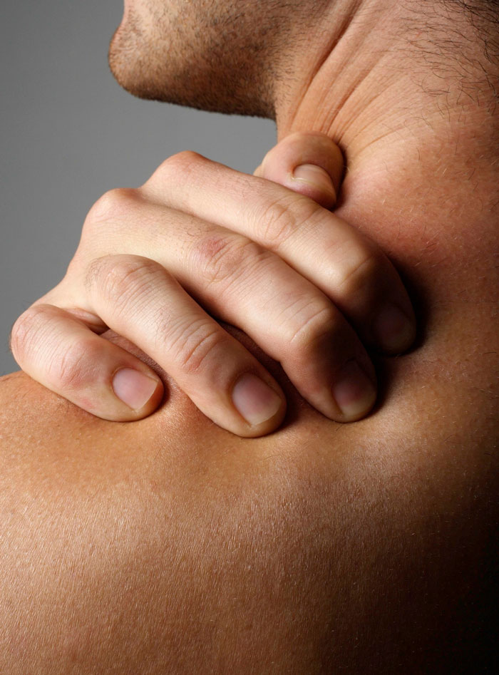A patient with a neck and shoulder injury, failing to outsmart their doctors with self-treatment.