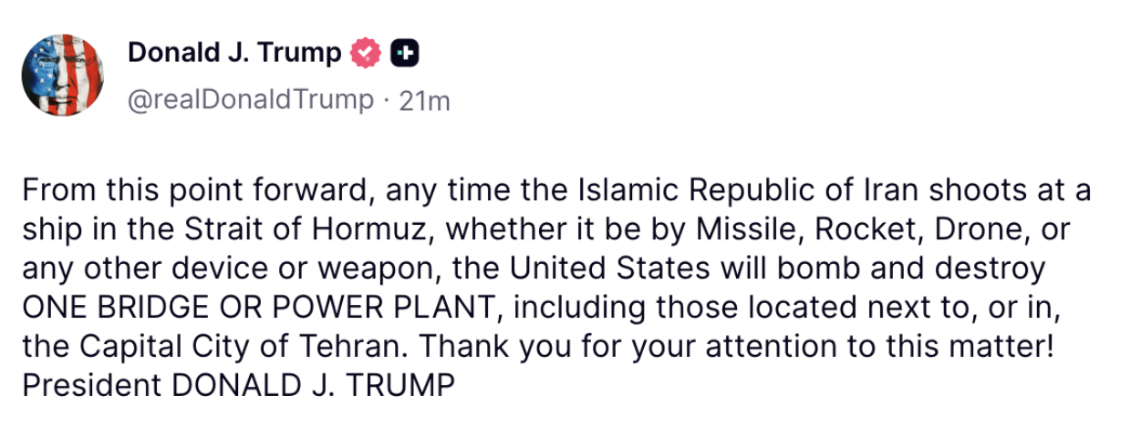 Trump says US will destroy a bridge or power plant for each Iranian attack in the Strait of Hormuz - Stuff