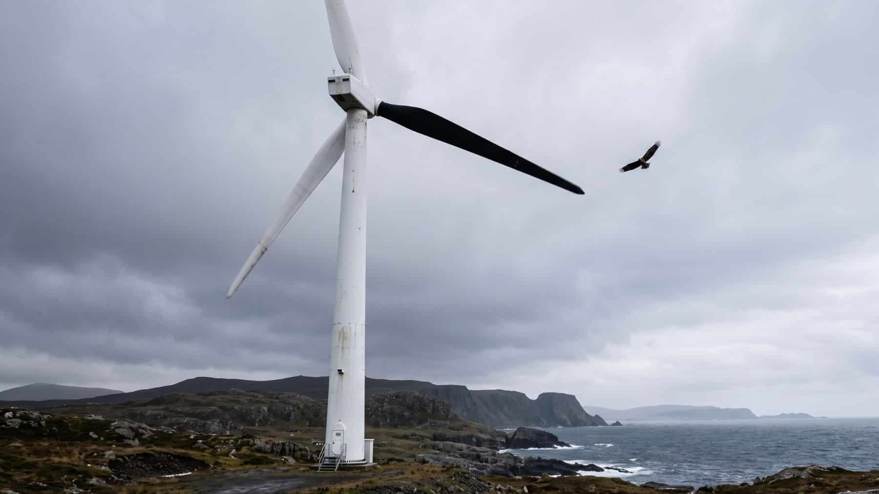 A wind turbine with one black blade against the sky
