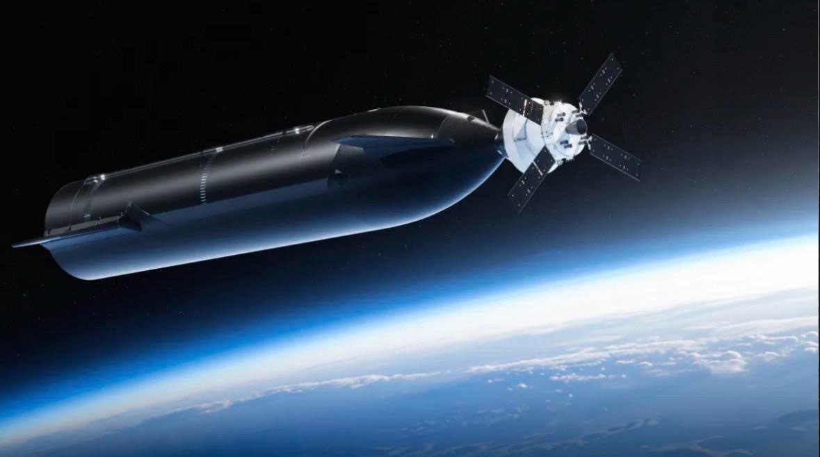 A giant chrome rocket and a small space capsule dock in low Earth orbit.