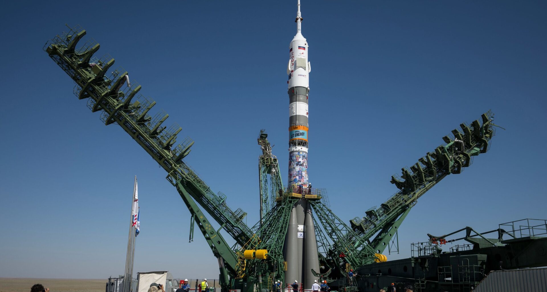 Astronauts just launched on a Soyuz rocket with an energy-drink ad, continuing a Russian tradition