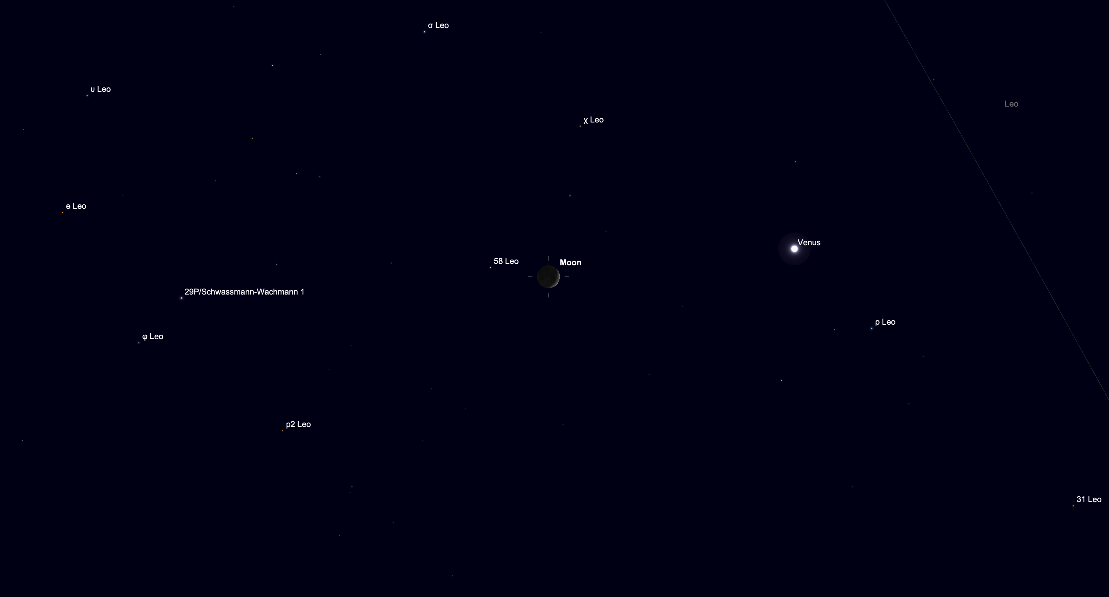 Star chart showing a waxing crescent moon beside bright Venus in the western evening sky.