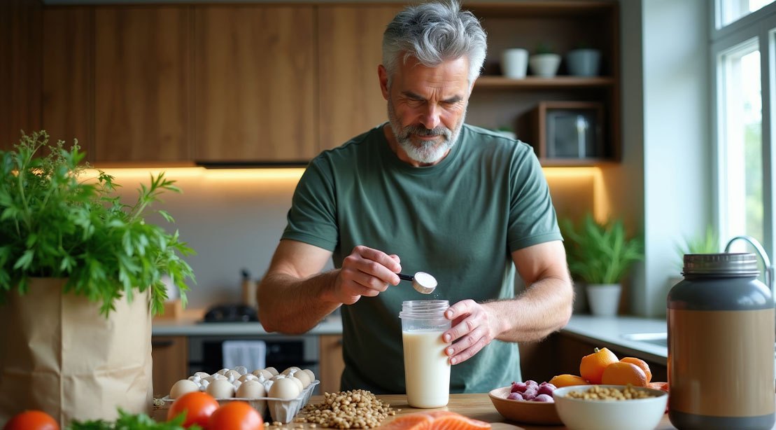 Aging muscular man making a protein shake to meet his daily protien intake requirement