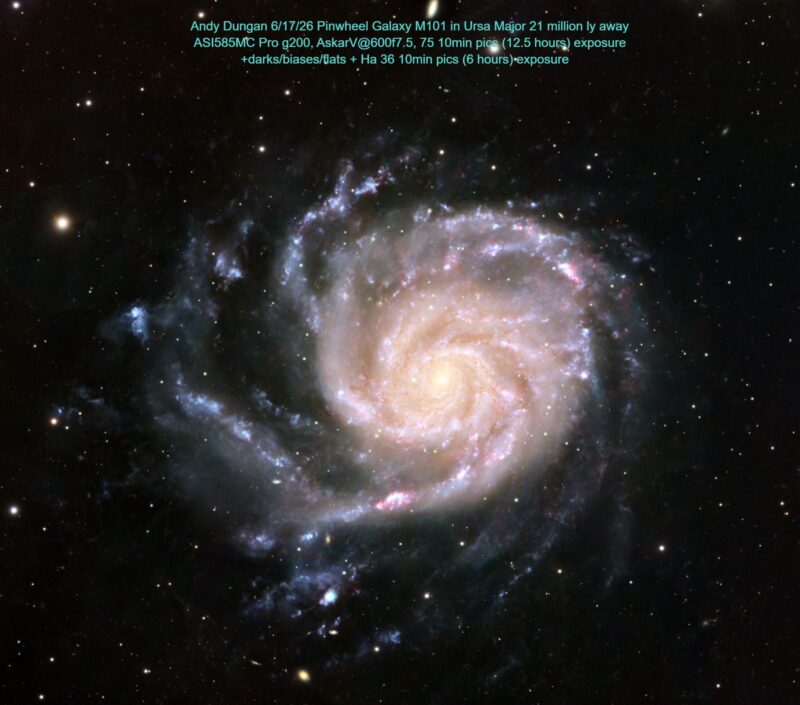 Large, yewllowish galaxy, a spiral seen head-on, with a foreground of numerous stars.