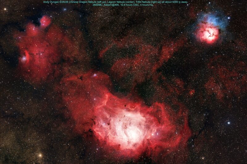 Three areas of bright, electric pink nebulosity woth some blue, over an extremely rich background of stars.