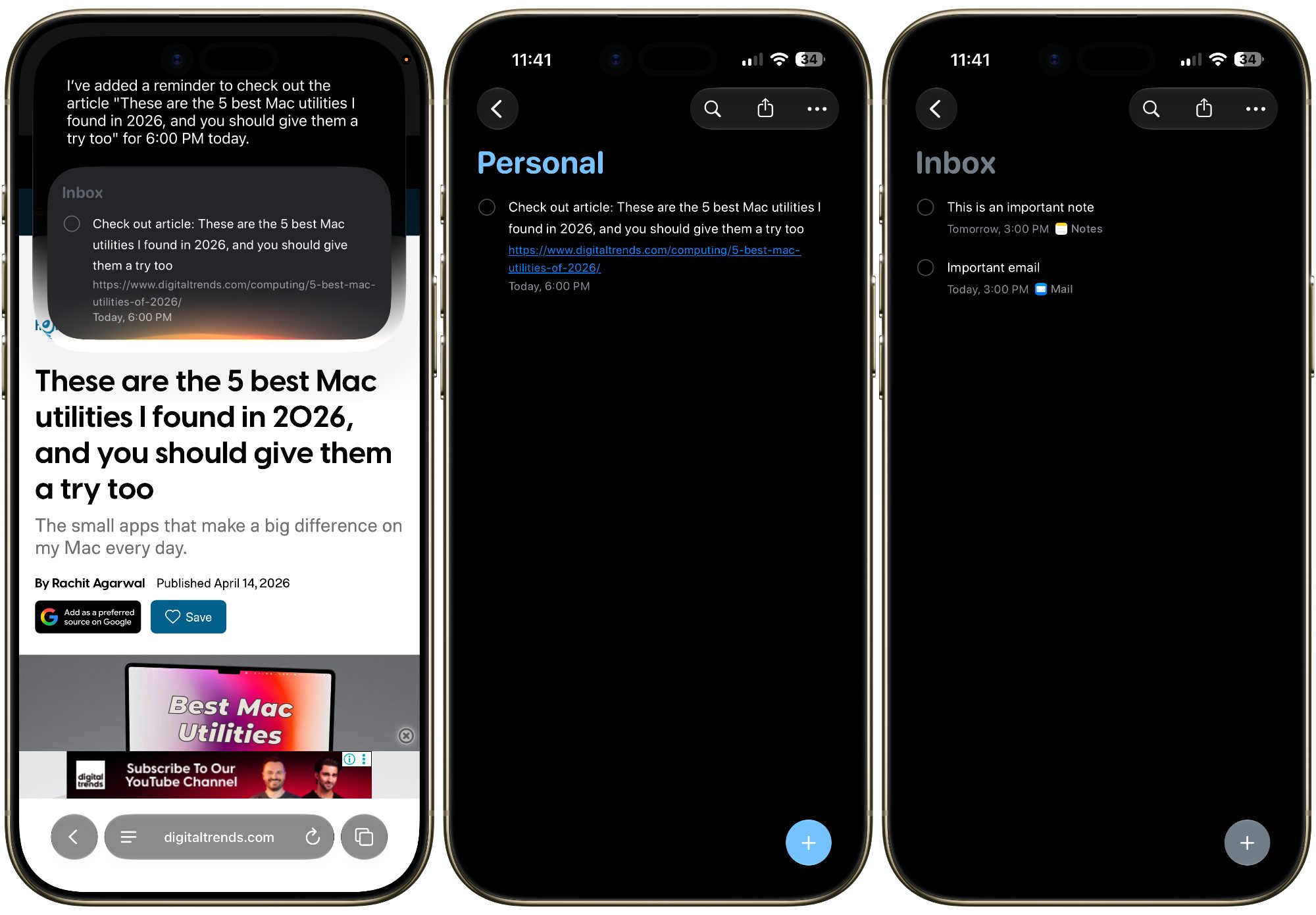Apple Reminders integration with mail and notes
