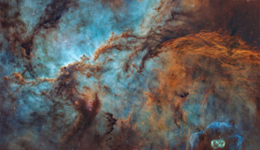 The featured image shows the nebulae NGC 6188 and NGC 6164.
The former is a star forming region near the image center 
filled with glowing gas and laced with dust that resembles 
dragons. The smaller NGC 6164 is seen on the lower right 
is an emission nebula created by a single massive star in 
its center. 
Please see the explanation for more detailed information.