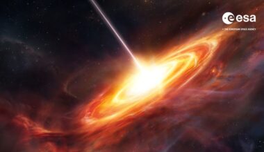 This artist's illustration shows a quasar, an extremely luminous AGN powered by a supermassive black hole. The Euclid space telescope has found 31 new quasars in the high-redshift Universe, which can be used to probe dark matter distribution in the early Universe. Image Credit: ESA. Licence: CC BY-SA 3.0 IGO or ESA Standard Licence