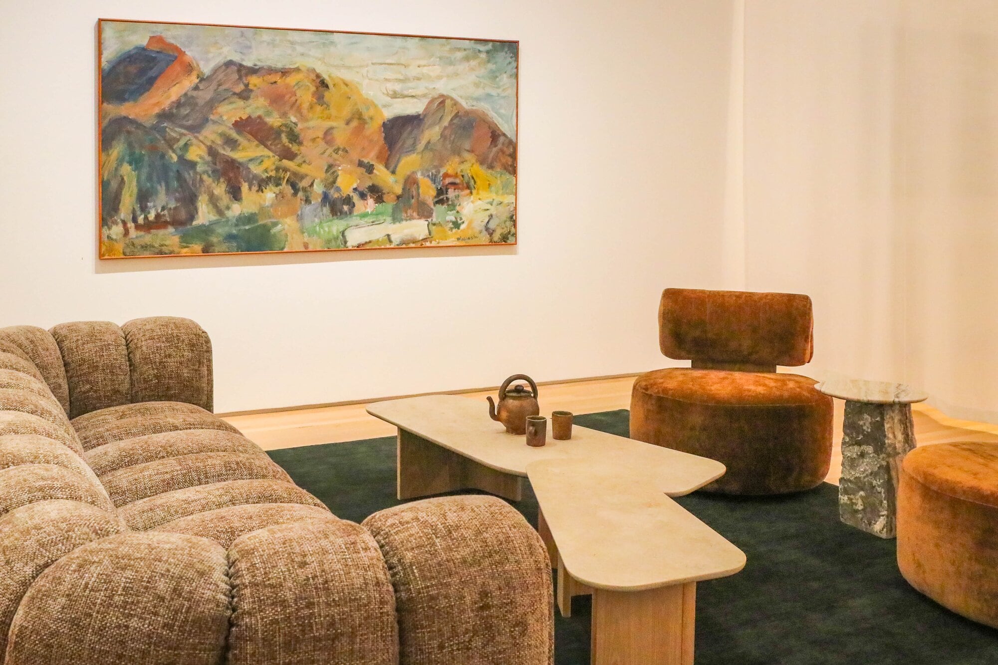  ‘Landscape with…[Riwaka] 1974’, oil on canvas, by Toss Woollaston with furnishings curated by Kathrine McDonald.  Photo / Kelly O’Hara