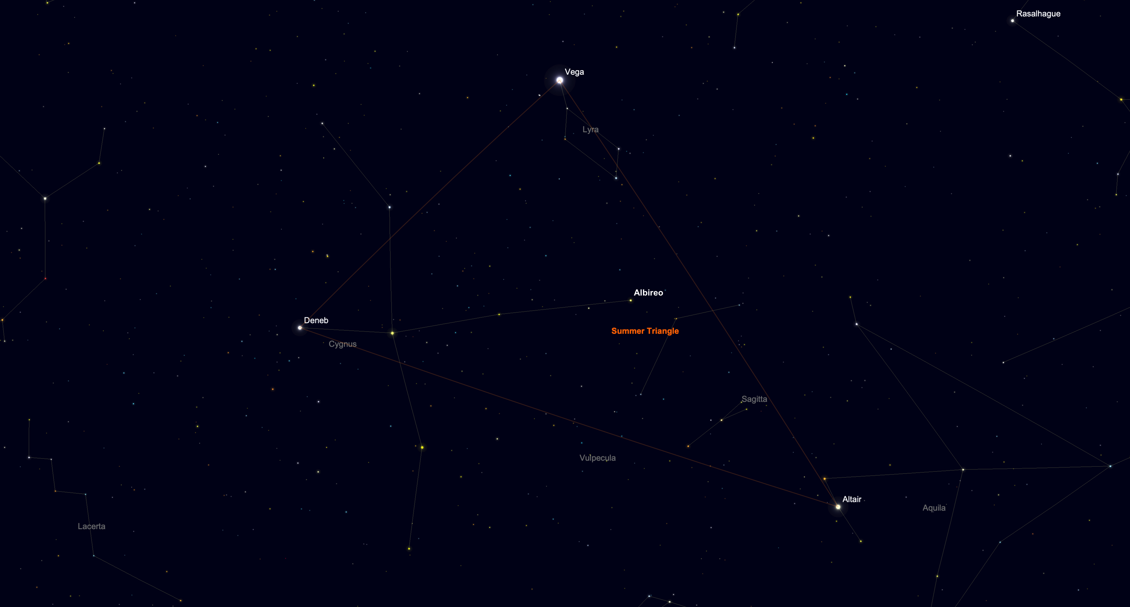 Star chart showing the Summer Triangle formed by Vega, Deneb and Altair, with Albireo highlighted in the constellation Cygnus.