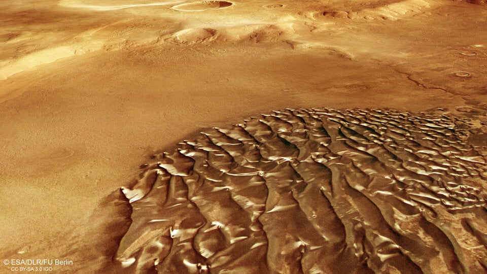 Bird's eye view of the blown dunes in the Kaiser Crater. Credit - ESA/DLR/FU Berlin