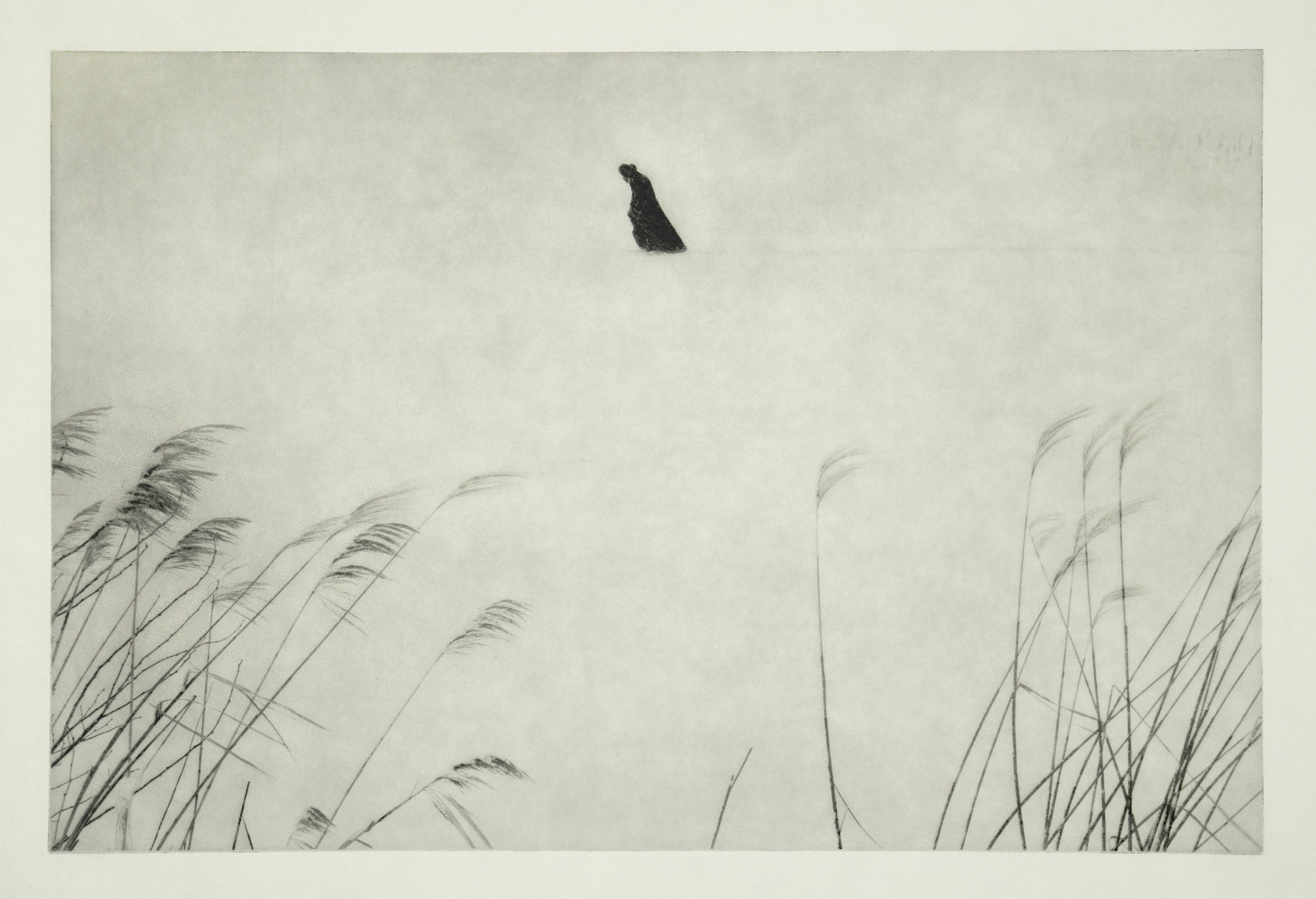 Black and white photograph of a small, hunched silhouetted figure on a vast pale horizon, with windblown grasses framing the lower corners of the frame.