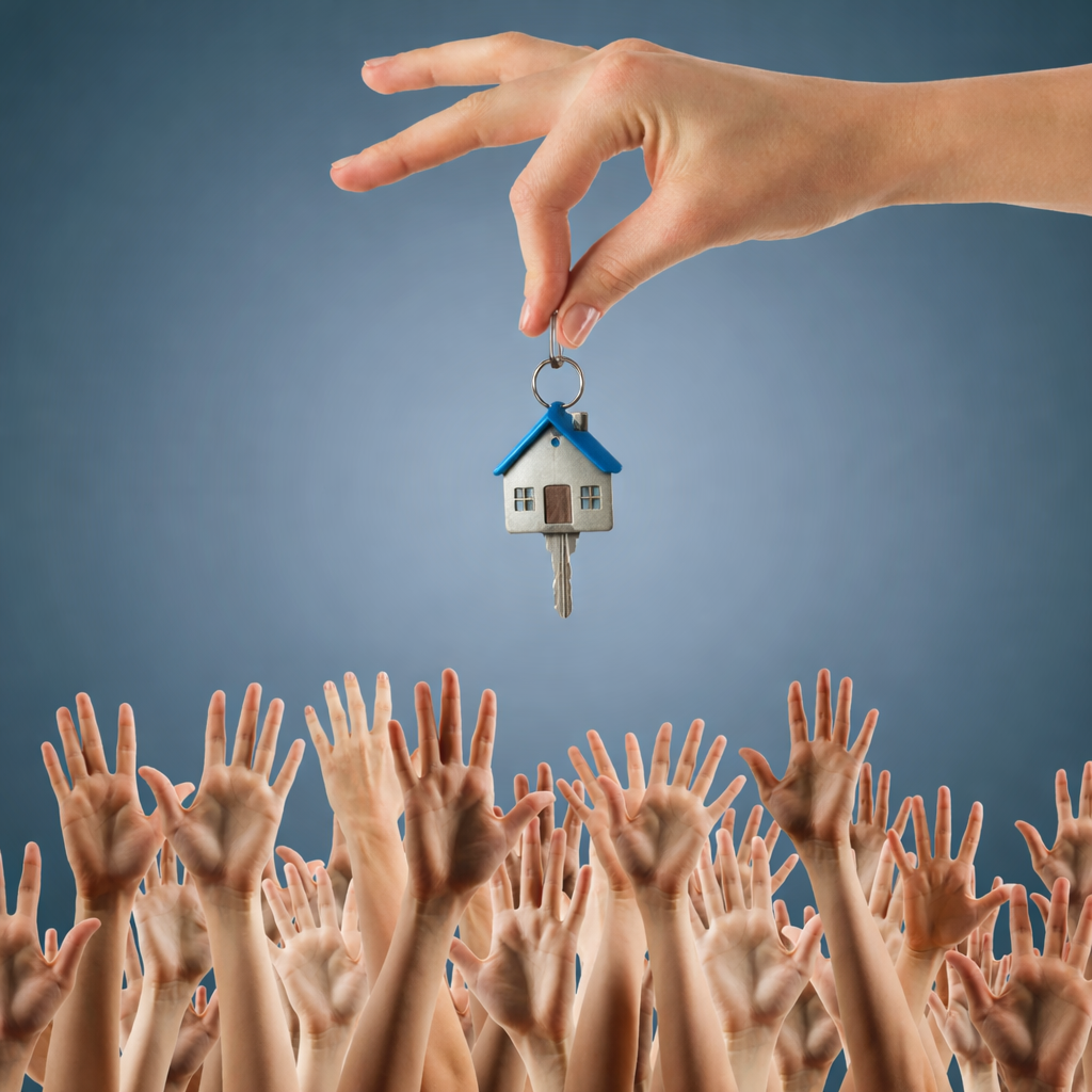 Hand holding a house key above a crowd of raised hands symbolising competition in the rental market