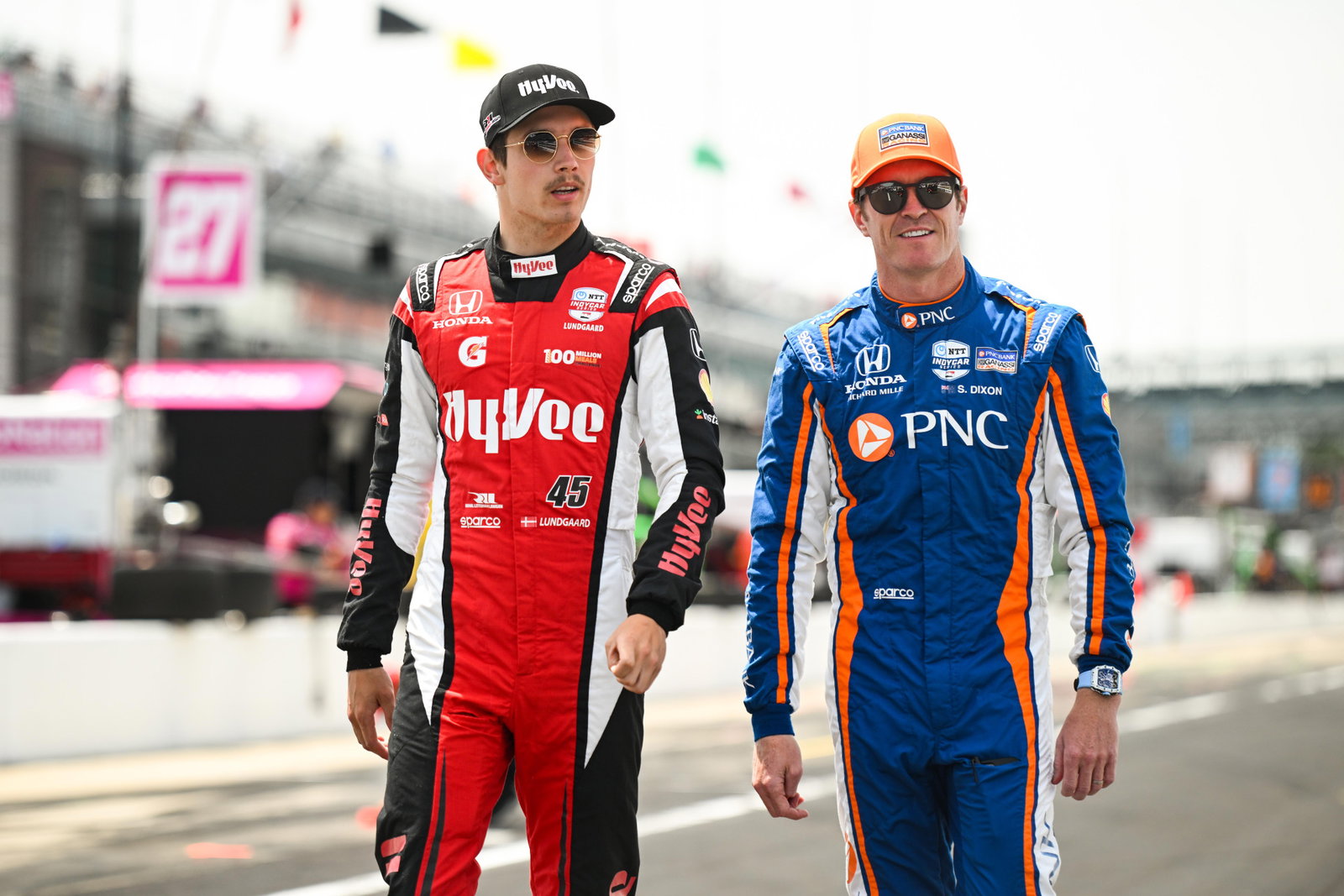 Christian Lundgaard (left) and Scott Dixon pictured together during practice for the 2023 Indianapolis 500.
