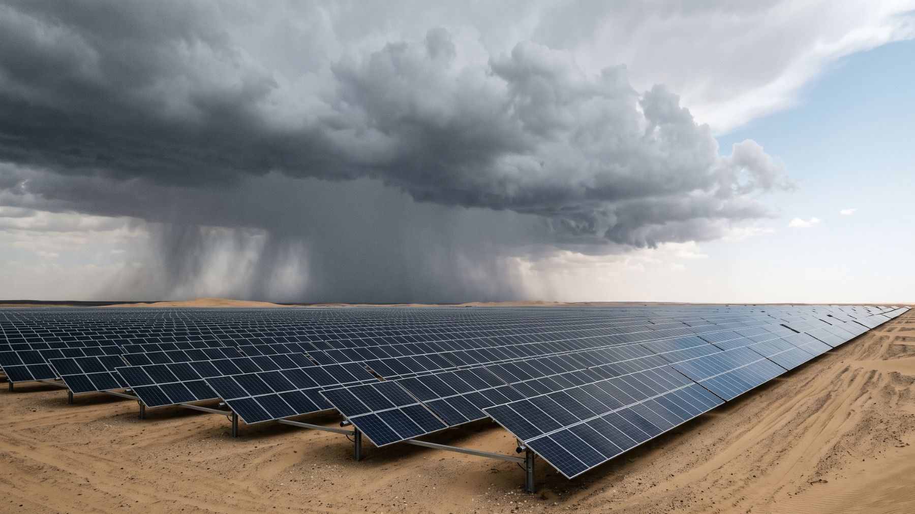 Dark solar panels under storm clouds gathering over desert sand