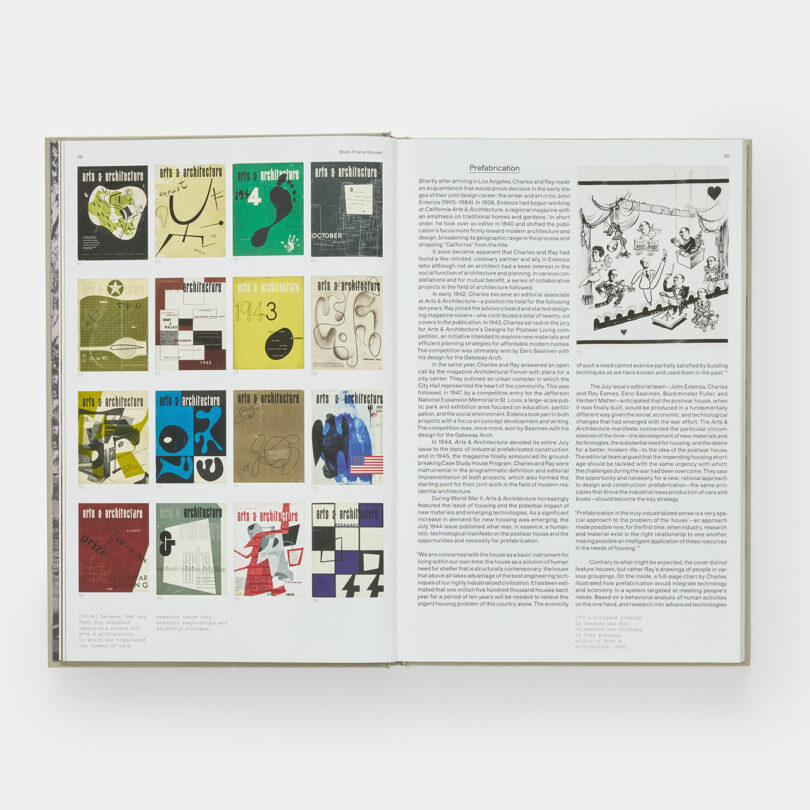 An open book displays a grid of vintage magazine covers on the left page and text with a black-and-white illustration on the right page.