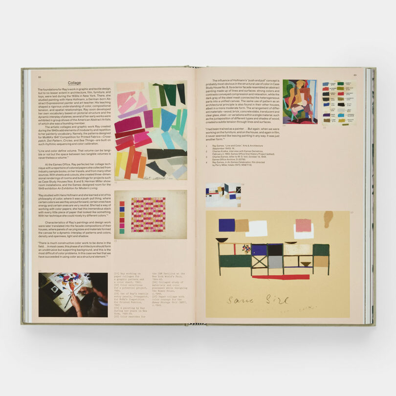 An open book shows pages with colorful abstract art images, a collage, a photo of hands working, and blocks of text describing artistic techniques and processes.