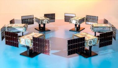 six small satellites with solar panels deployed stand in a circle on a table facing inward.