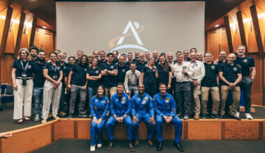 From left to right, NASA astronauts Chrstina Koch, Reid Wiseman and Victor Glover, and Canadian Space Agency astronaut Jeremy Hansen, with ESA