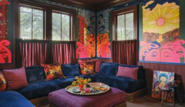 A vibrant, colorful living room corner with a built-in sofa with plush blue velvet seating and colorful scatter cushions, a purple striped pouf in the center with a round tray with plates and decor