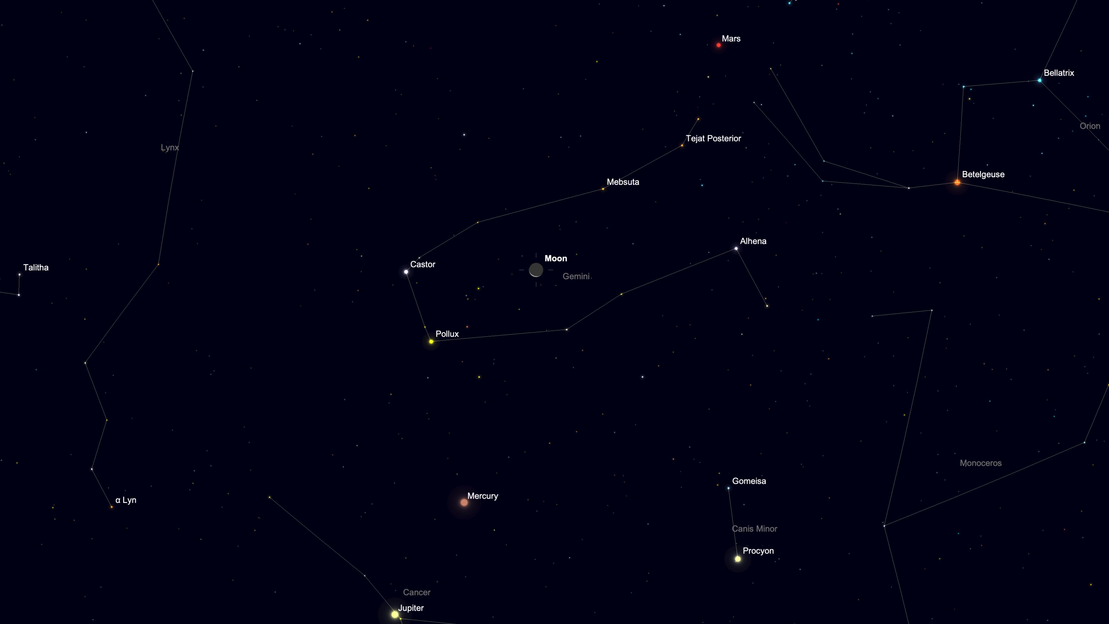 A starchart for Aug. 10 showing the crescent moon shining among the stars of the constellation Gemini in a black simulated night sky.