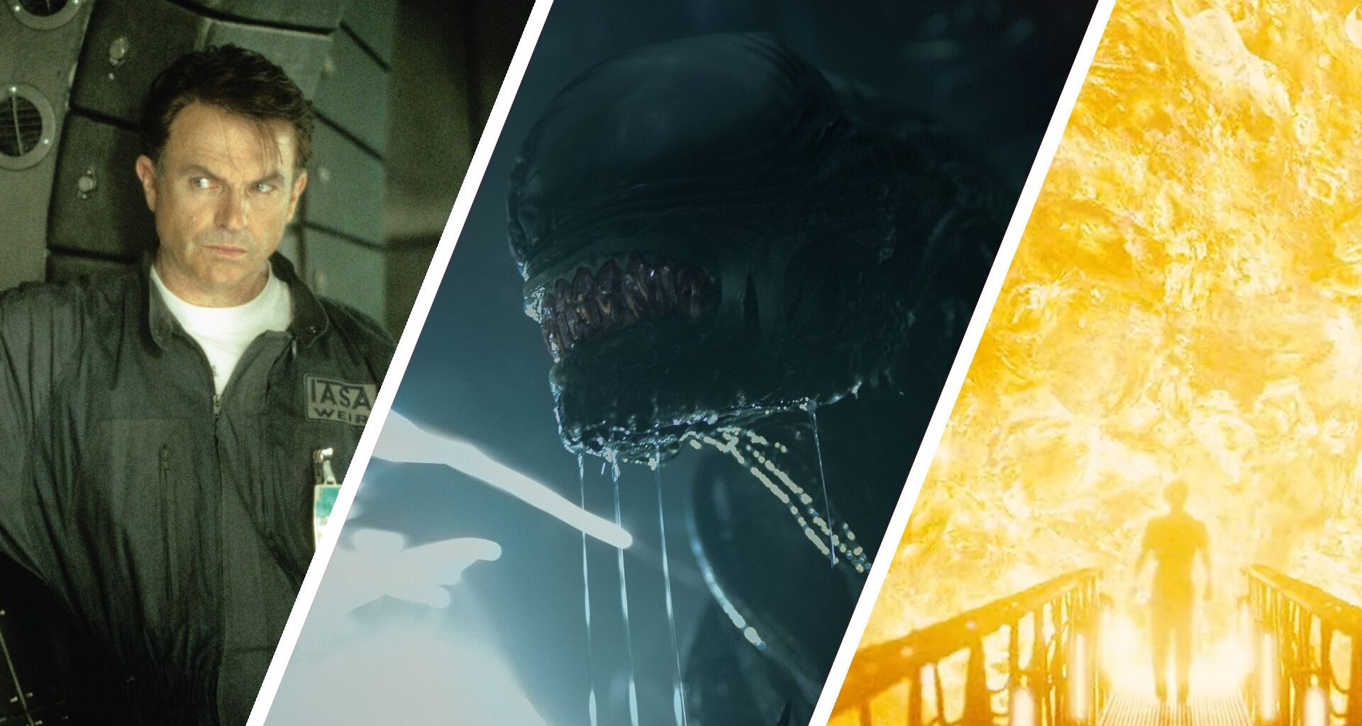 Split image showing three space horror movies: Event Horizon, Alien: Romulus, and Sunshine